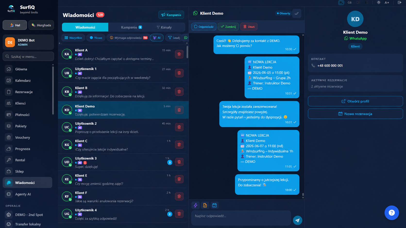 SurfIQ Wiadomości — unified inbox: WhatsApp, email i SMS scalone, lista konwersacji i otwarty wątek
