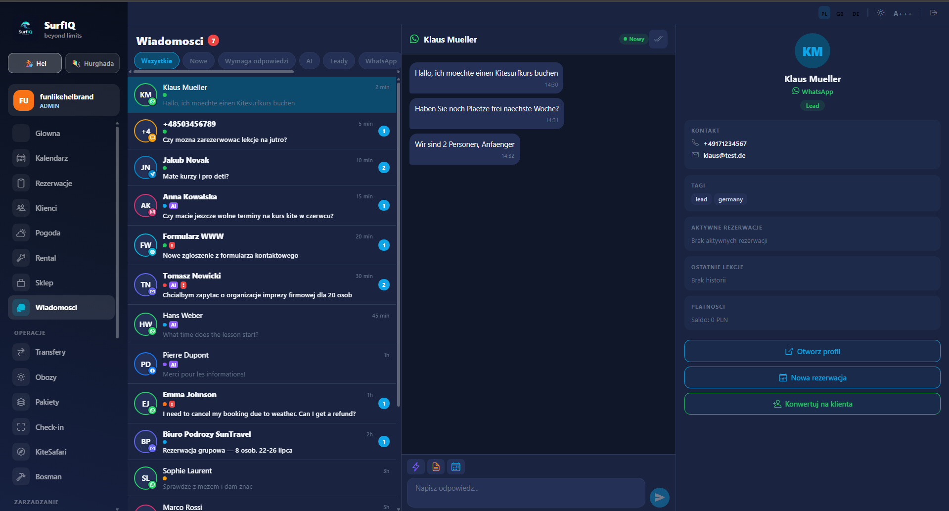 SurfIQ Inbox — dark theme, WhatsApp, IG, Messenger w jednym