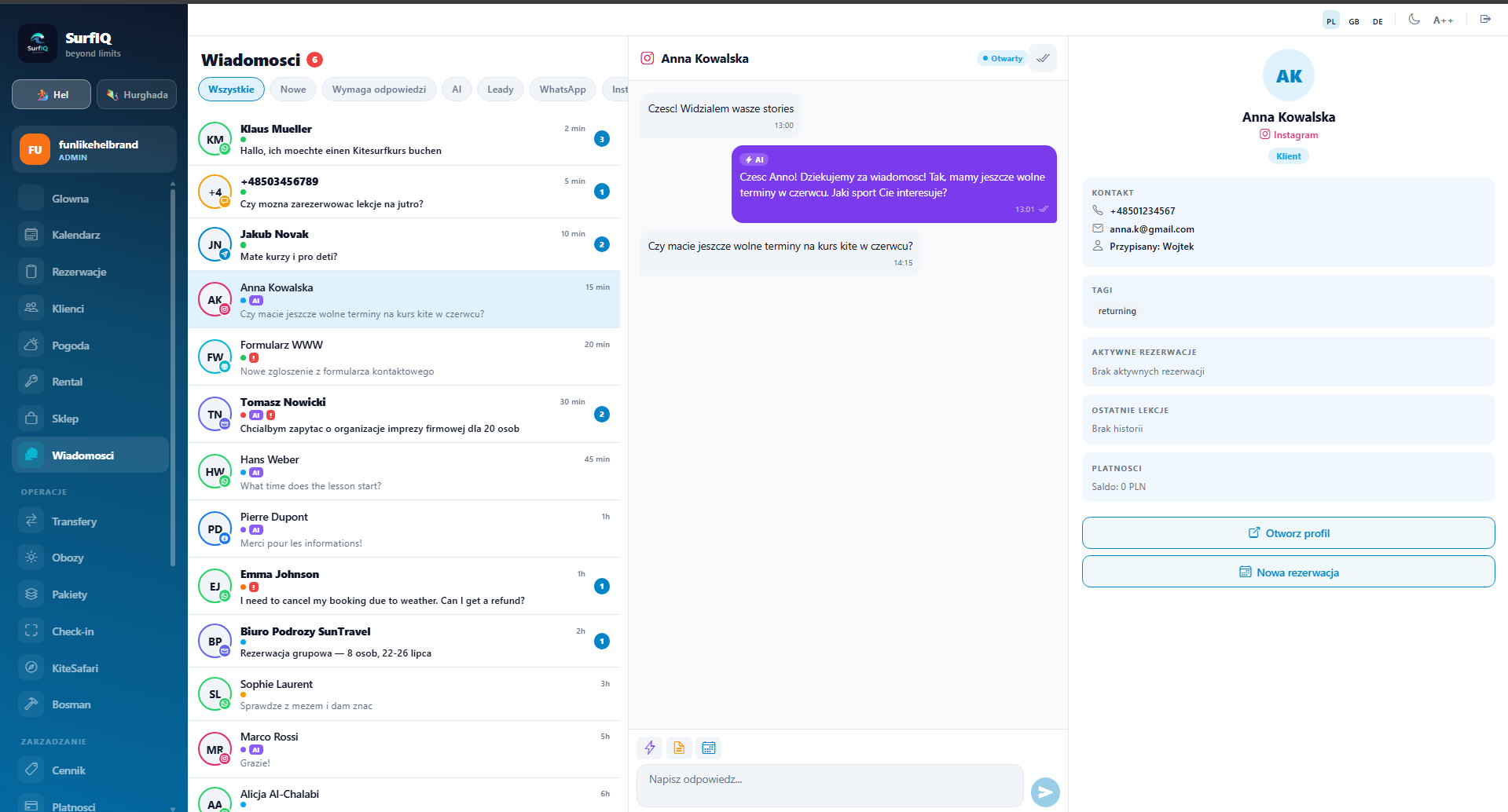 SurfIQ Inbox — light theme, rozmówa z klientem